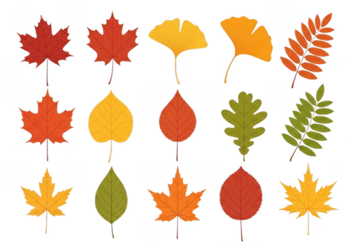 A collection of diverse autumn leaves in various shapes and colors, isolated on transparent background - Powered by Adobe
