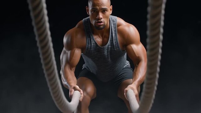 Strong male athlete performs intense battle rope workout in dark gym creating rhythmic rope waves showing power endurance and full body strength training