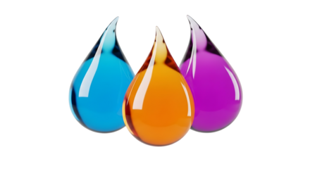 Three translucent liquid drops, blue orange and purple hues fluid, isolated on white or transparent background, AI