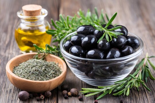 Black olives, olive oil, rosemary, spices, herbs on wood