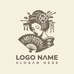 Japanese Geisha Logo Vector Illustration - Elegant Woman Portrait with Fan