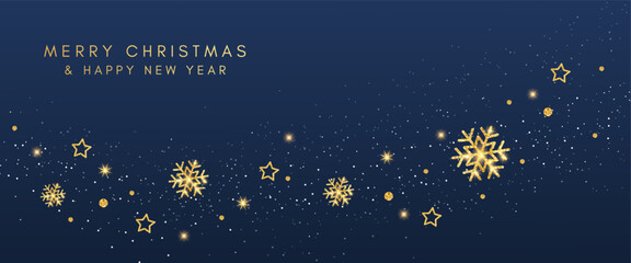 Merry Christmas and Happy New Year! Luxurious festive vector illustration, snowflakes and stars on a blue background.
