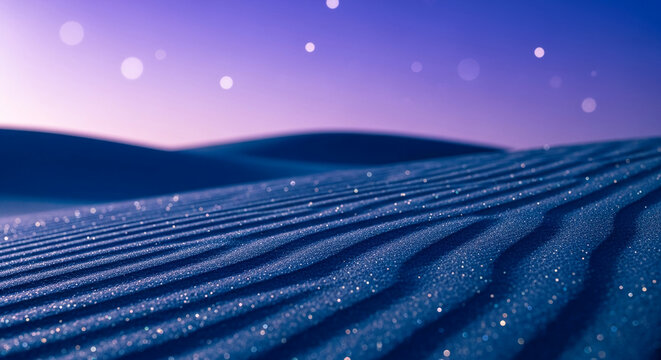 Textured blue surface with a ridged pattern under a purple and white sky with bokeh. Symbolic of serenity, mystery, and a dreamy landscape
