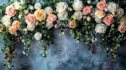 Beautiful pink and white rose flowers with green leaves on a textured grey background for Mother's Day, Valentine's Day, wedding card.