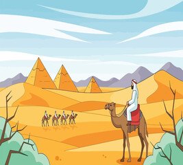 An expansive desert landscape in egypt, showcasing a camel caravan making its way towards the iconic pyramids under a bright blue sky with scattered clouds
