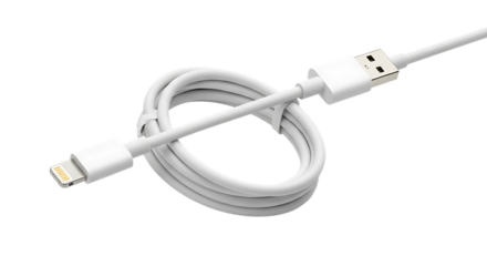 White coiled charging cable, U S B and Lightning connectors, isolated on white or transparent background, AI
