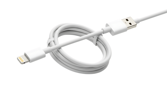 White coiled charging cable, U S B and Lightning connectors, isolated on white or transparent background, AI