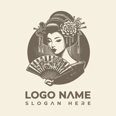 Elegant Geisha Holding a Fan Logo Vector Art Illustration