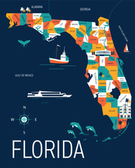 Map of Florida, branding technology concept. Collection of flat vector web icons. American culture travel set, architectures, specialties detailed silhouette. USA doodle famous landmarks illustration.