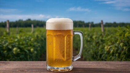 Cold Brewed Bliss. A Frothy Beverage on a Rustic Wooden Surface Near Verdant Fields.