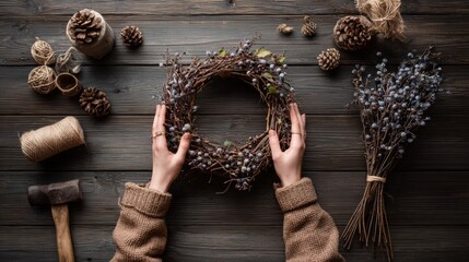 Hands arranging greenery and red berries to make Christmas wreath on wooden table. DIY festive decor with pine cones, string and natural materials