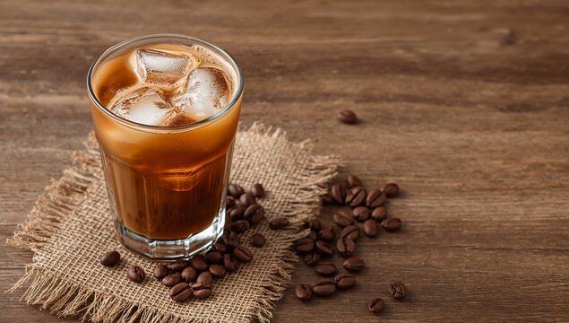Cold Brew Delight. A Refreshing Elixir with Ice Cubes and Coffee Beans on Textured Surface.