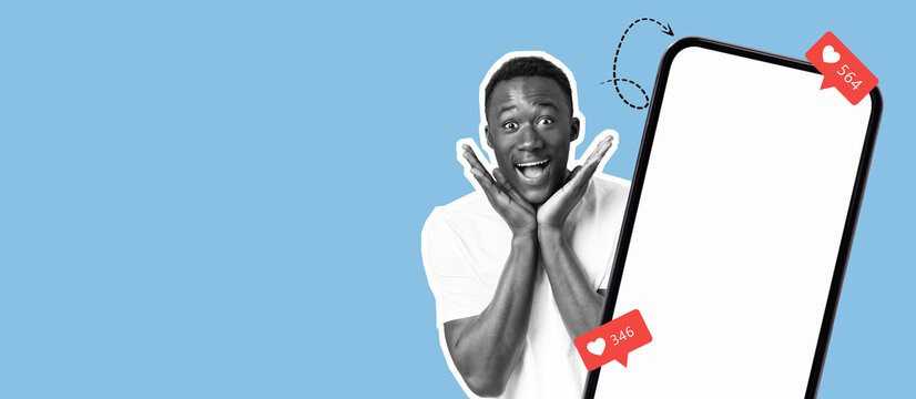 A surprised individual shows excitement while looking at a smartphone screen. The setup features vibrant colors and highlights different reactions, creating a lively collage.