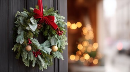 Stylish Christmas wreath with red bow and golden ornaments on entrance door. Warm festive background with glowing lights and seasonal decorations