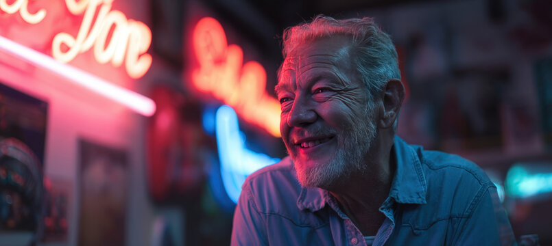 Joyful Elderly Man in Blue Shirt Under Neon Sign with Cinematic Depth