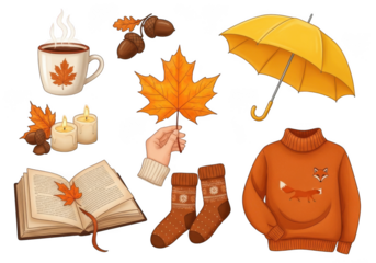 Autumn illustration with a cup of hot drink, book, socks, sweater, umbrella, and leaves isolated on transparent background