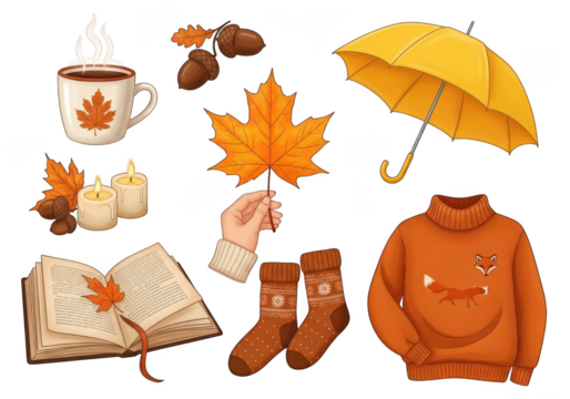 Autumn illustration with a cup of hot drink, book, socks, sweater, umbrella, and leaves isolated on transparent background