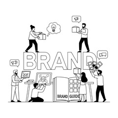 Diverse creative team collaboratively building a strong brand identity with strategic marketing elements in a dynamic conceptual scene