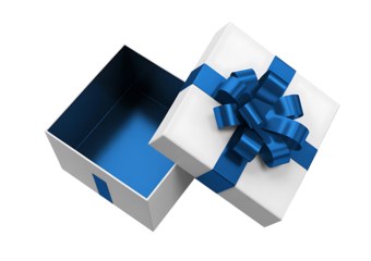 Empty white open gift box with blue ribbon and bow isolated on transparent background, perfect for presenting thoughtful gifts or surprises on special occasions