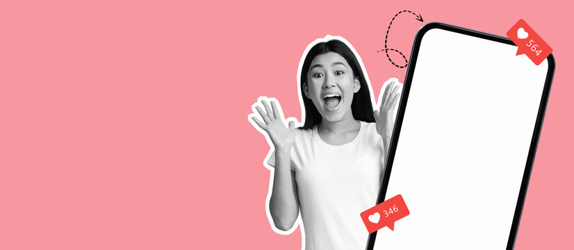 A joyful individual expresses excitement while showing a smartphone with social media notifications. The vibrant background enhances the fun atmosphere, capturing the moment of achievement.