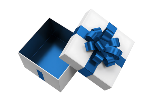 Empty white open gift box with blue ribbon and bow isolated on transparent background, perfect for presenting thoughtful gifts or surprises on special occasions