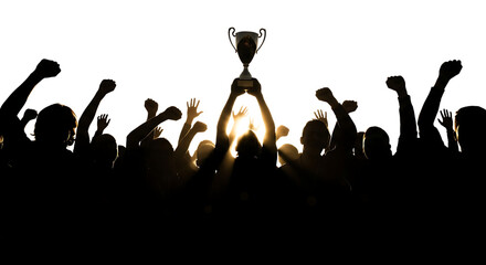 Crowd, celebrating victory holding up a trophy with raised arms and fists, cutout, PNG isolated on white or transparent background