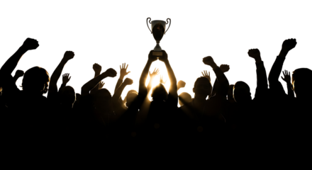 Crowd, celebrating victory holding up a trophy with raised arms and fists, cutout, PNG isolated on white or transparent background