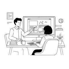 Professional man pointing at a computer screen collaborating with a woman typing at a modern office desk discussing website layout design elements