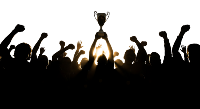 Crowd, celebrating victory holding up a trophy with raised arms and fists, cutout, PNG isolated on white or transparent background