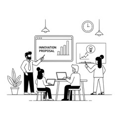 Professional business team collaboratively discussing an innovation proposal with data charts in a modern office conference room for strategy planning