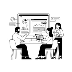 Professional business team analyzing complex data and troubleshooting an error on a large digital monitor in a modern office workspace