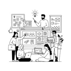 Diverse professional business team actively collaborating brainstorming analyzing data in dynamic digital workspace driving innovative project development