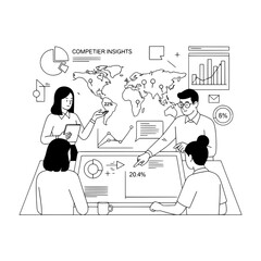 Focused data analysis team collaborating on global market insights with an interactive display showing competitor performance metrics in a bright modern meeting room