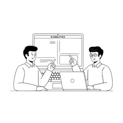 Two young male professionals collaboratively analyzing AI analytics data on a desktop monitor with a laptop present demonstrating teamwork in a modern office environment