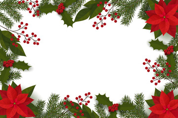 Festive frame with spruce branches, poinsettia, berries and leaves.