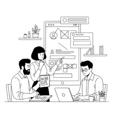 Professional design team collaborating on a mobile application user interface prototype in a modern office workspace discussing digital development concepts