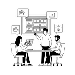 Engaged creative diverse team brainstorming video production concepts in a modern digital studio featuring a large display of video thumbnails for innovative online content development strategy