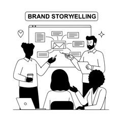 Diverse creative business professionals collaborating on brand storytelling strategy development during an interactive presentation in a modern office meeting room