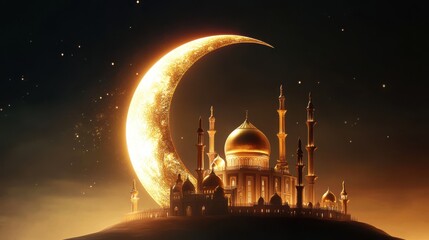 A golden mosque stands silhouetted against a crescent moon in the night sky