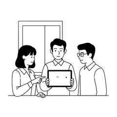 Three professional colleagues collaboratively discussing a digital presentation on a tablet in a modern office setting