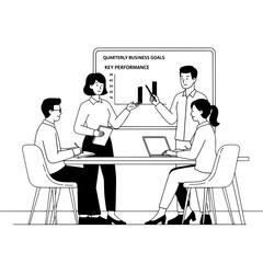 Professional business team discussing key performance data on a whiteboard in a meeting room for quarterly goals collaboration