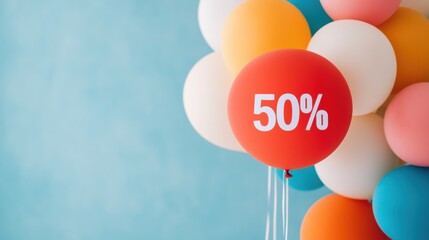 Balloons in various colors feature a prominent 50 percent discount symbol, creating a festive atmosphere suitable for promotions and parties