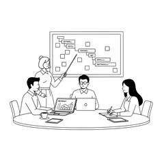 Diverse team of business professionals collaboratively discussing project strategy in a modern office meeting room featuring a whiteboard and laptops highlighting teamwork and planning