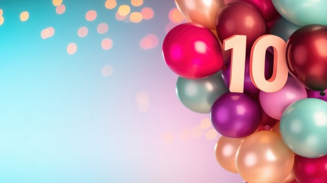 A festive arrangement featuring vibrant balloons and the number 10, perfect for a birthday or anniversary celebration