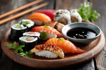 Japanese sushi and maki platter with soy sauce