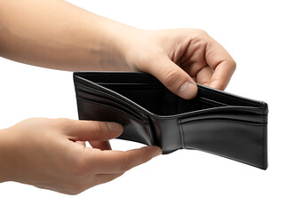 Hands opening empty black leather wallet signifying financial hardship, lack of money, bankruptcy, and economic struggle