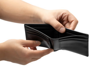 Hands opening empty black leather wallet signifying financial hardship, lack of money, bankruptcy, and economic struggle