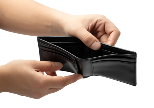 Hands opening empty black leather wallet signifying financial hardship, lack of money, bankruptcy, and economic struggle