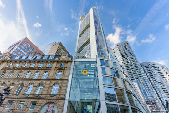 Frankfurt, Germany - October 21, 2025: Modern Frankfurt Skyline Showcasing Commerzbank Tower and Historic Buildings