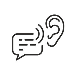 hear thin line vector illustration, voice message icon, speech bubble and ear, active listening
